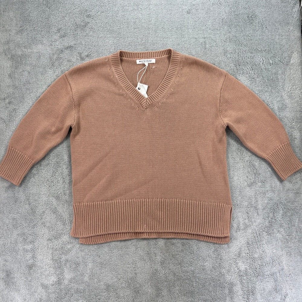 Workshop Republic Clothing Sweater Womens M Pecan V-Neck Cotton Knit 1/4 Sleeve